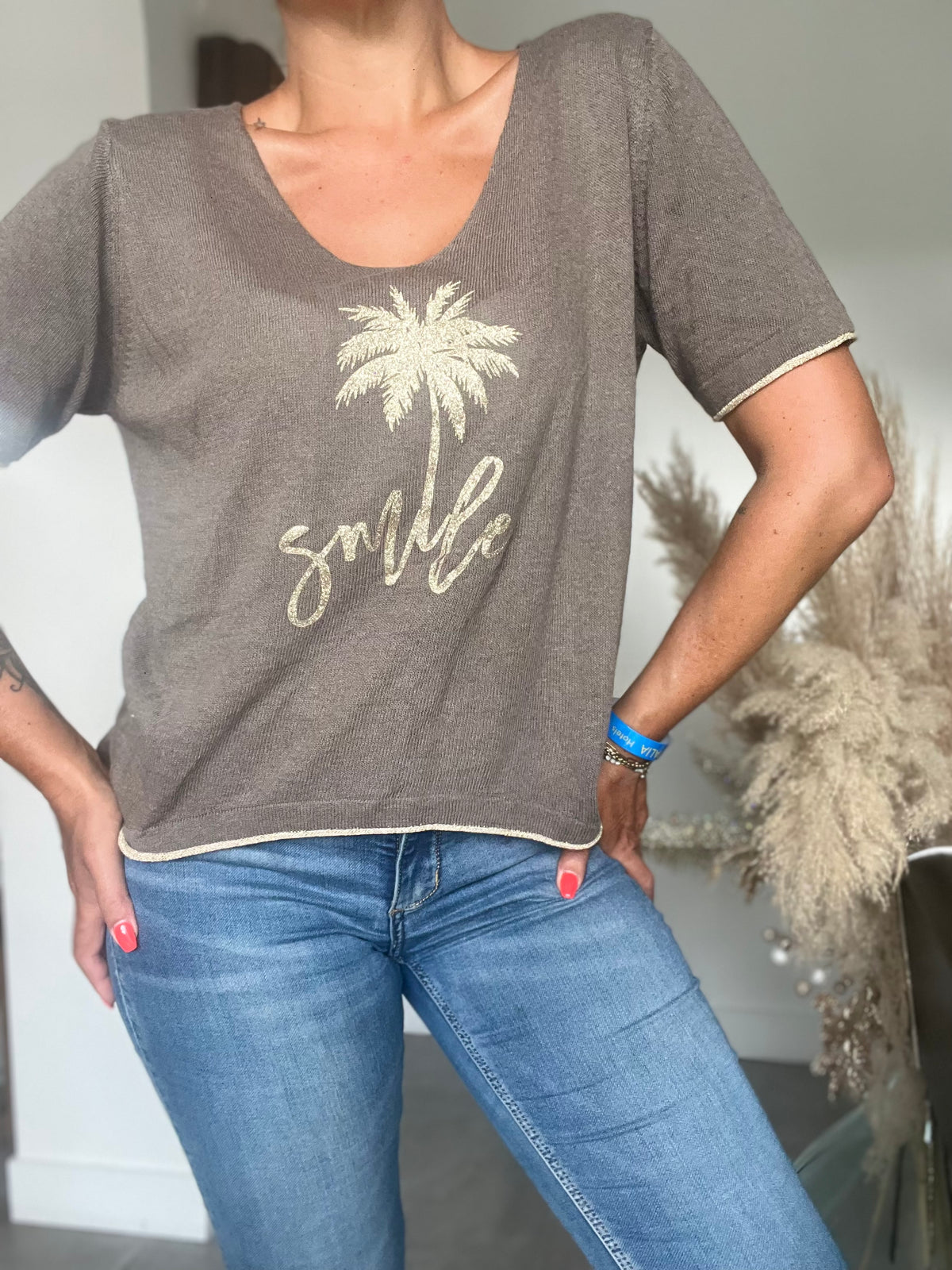 Tee shirt taupe et doré PALM