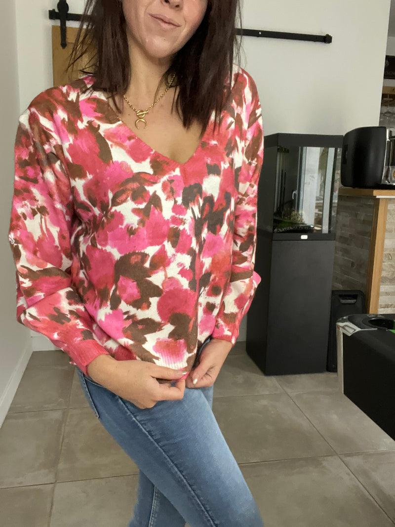 Pull FLORINE imprimé fleuri rose