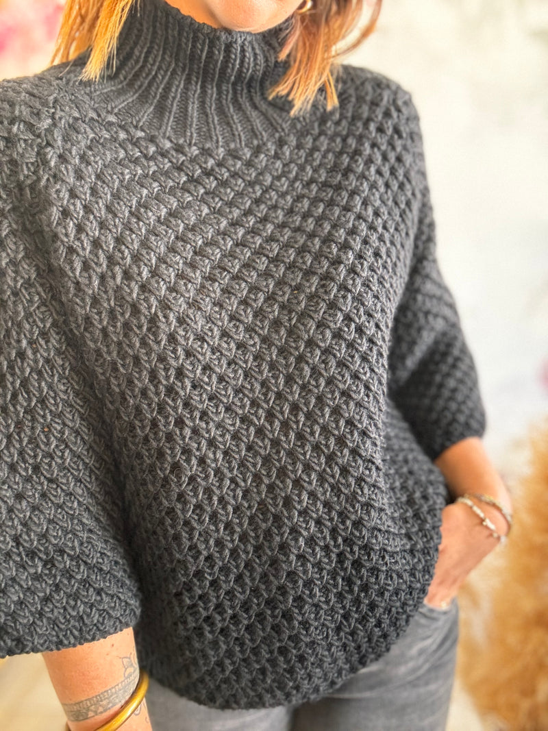 Pull maille col cheminée noir LOGAN