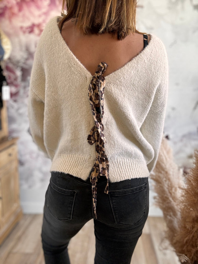 Pull NOELA beige avec nœud léopard