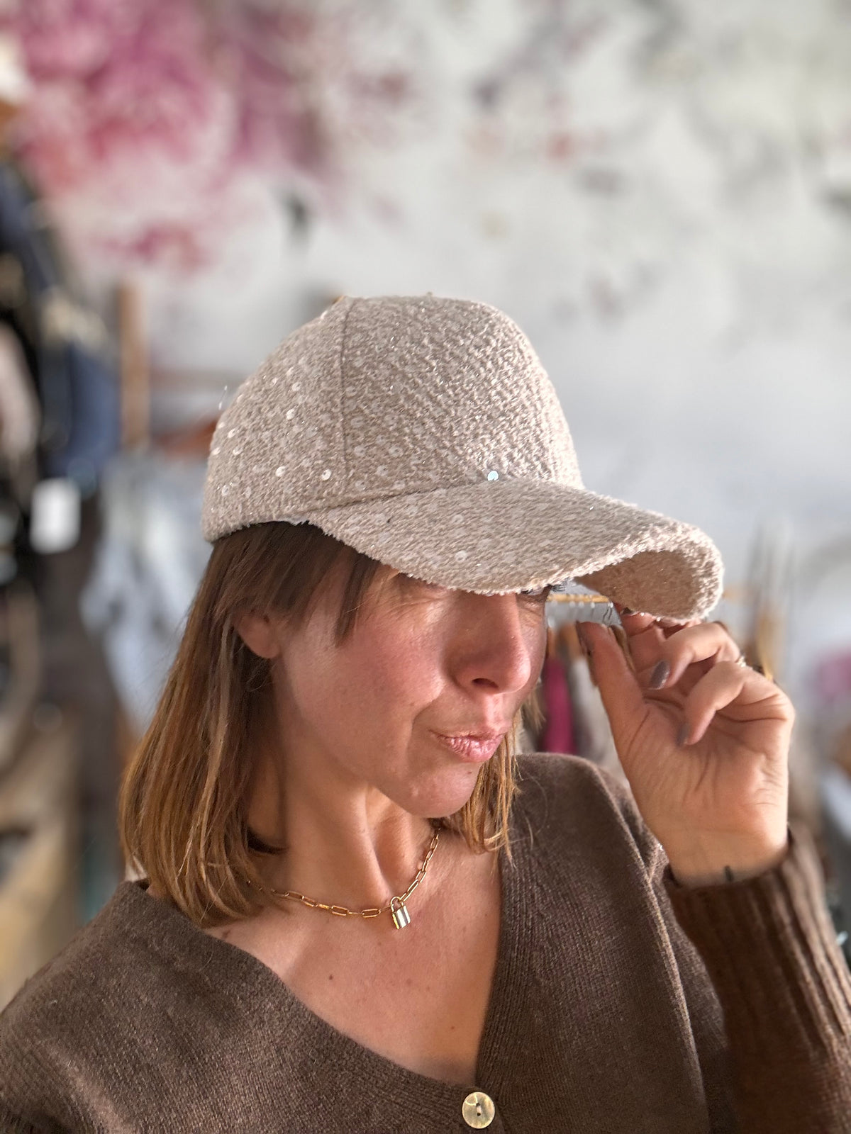 Casquette beige paillettes NELIA