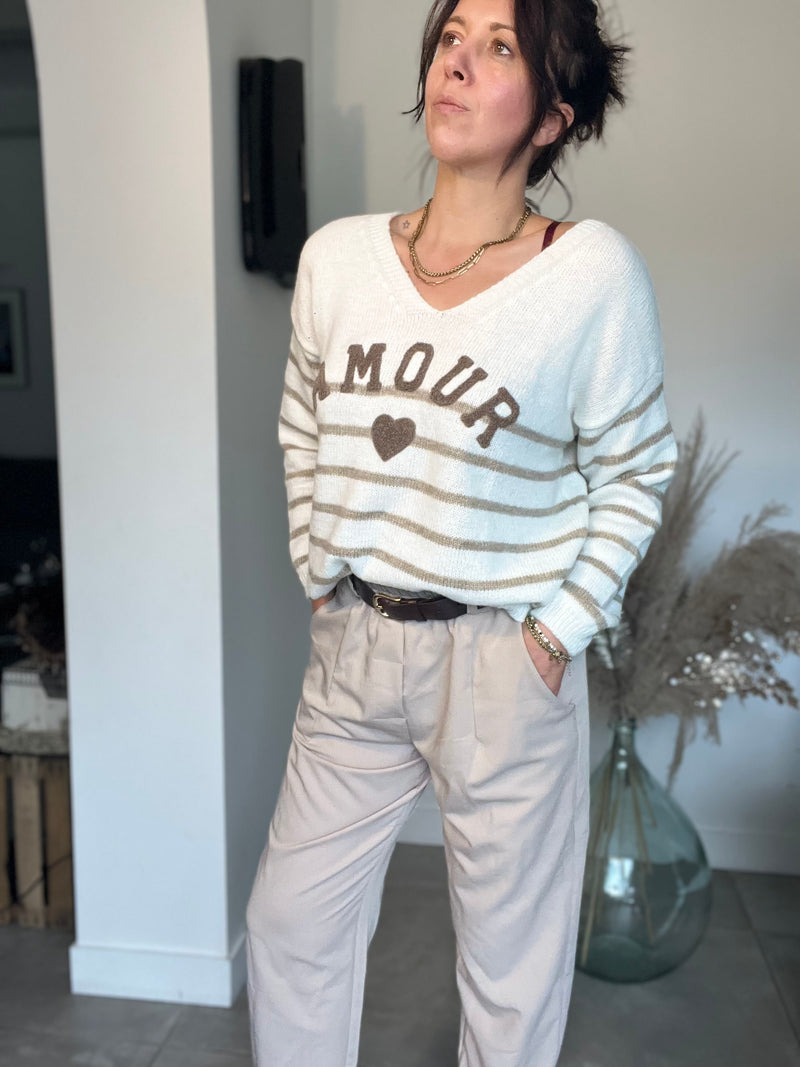 Pull LAURIE beige rayé taupe inscription amour